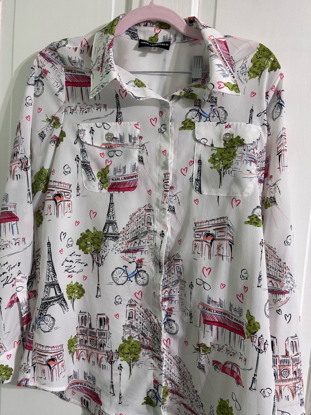 Karl Lagerfeld White Paris-Print Long-Sleeve Shirt with Pink Accents